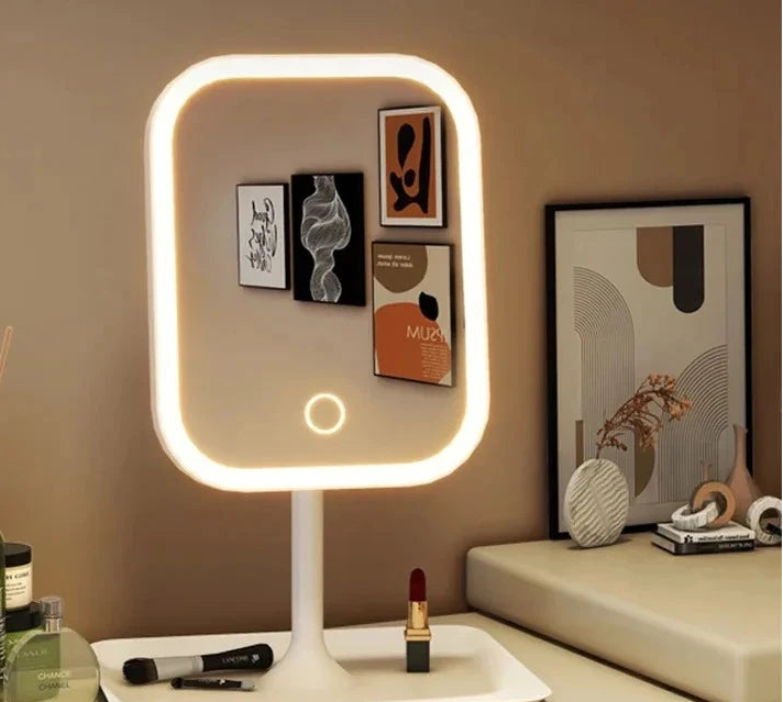 New 1Pc LED Modern Desktop Vanity Mirror, Portable 3 Color Light LED Makeup Mirror Touching Mirror Women Bedroom Dressing Mirror
