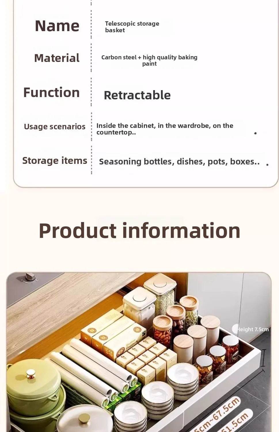 Kitchen Cabinets, Inner Pull-out Slide, Non-punching, Retractable Storage Shelves for Dishes, Seasonings, Drawers, Pull Baskets
