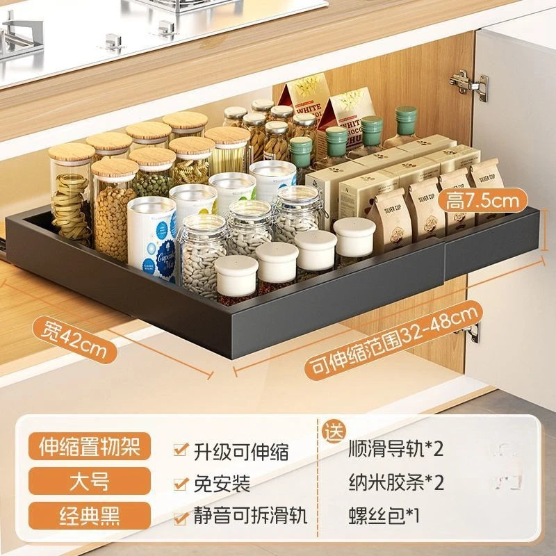 Kitchen Cabinets, Inner Pull-out Slide, Non-punching, Retractable Storage Shelves for Dishes, Seasonings, Drawers, Pull Baskets